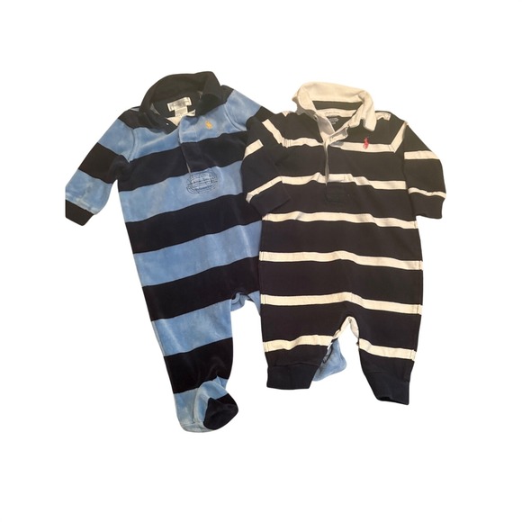 Ralph Lauren Other - Ralph Lauren Baby Boy Striped Romper Set 3M Velour Footed Navy Blue Rugby 2 Pack